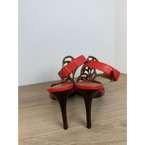 Ralph Lauren Women's Sandra Heel Ankle Straps Sandals Size 10B Red Caged Leather - Picture 3 of 7
